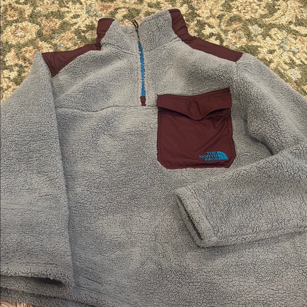 The North Face Grey Sherpa Pullover with Maroon Pocket